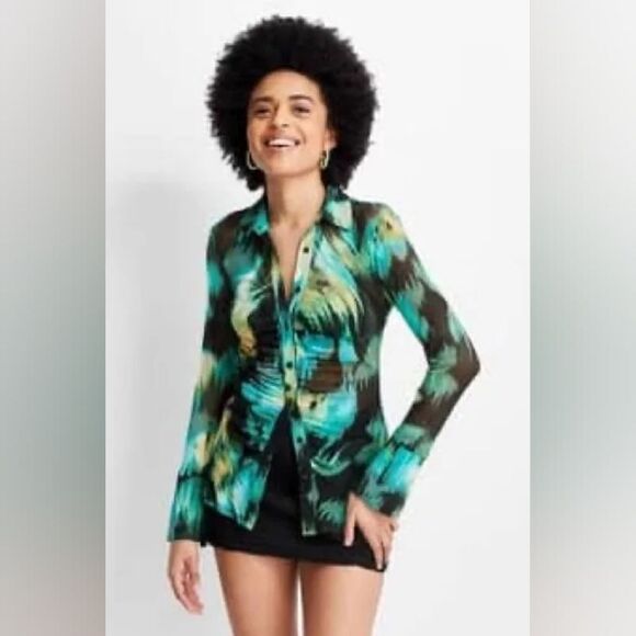 Future Collective Sheer Buttondown Blouse, Ruching Down the Center, Size Medium - Picture 2 of 10
